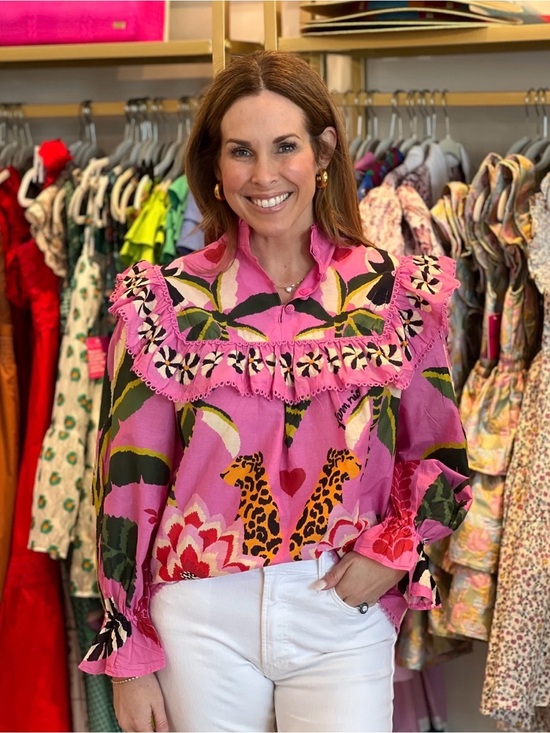 FARM Rio Tops - FARM Rio Pink Floral & Leopard-Print Ruffle Blouse Size Large NWT